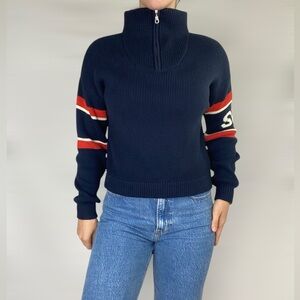 KULE Navy Half-Zip Sweater with Red and White Stripes